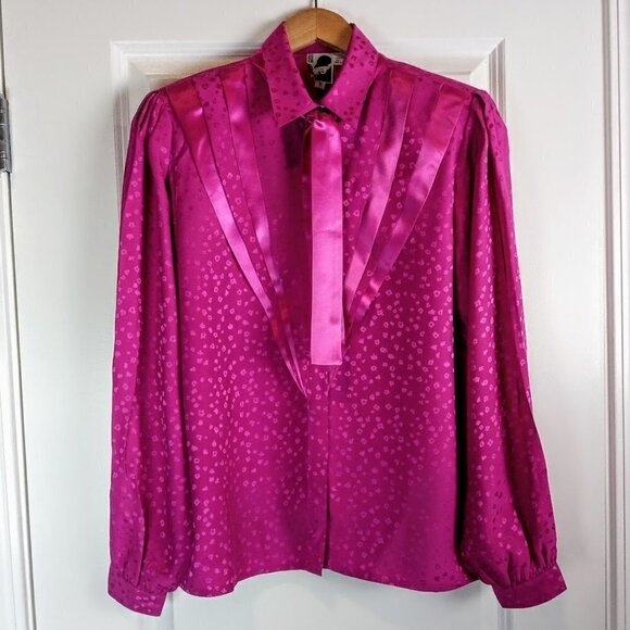 Vintage Paris Mode Magenta Pink Silk Jacquard Pleat Front Blouse - Picture 2 of 5